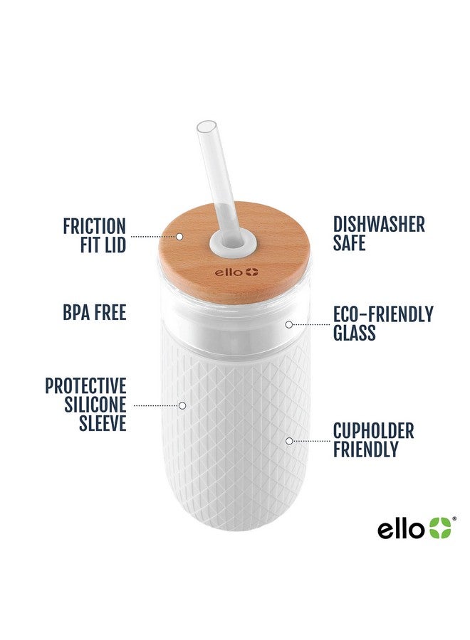 Ello كوب زجاجي إيلو ديفون سعة 18 أونصة مع قشة، غطاء خشبي من الخيزران بتصميم احتكاكي وغطاء سيليكون | مثالي للقهوة المثلجة، الشاي، والسموذي | أبيض - Image 2