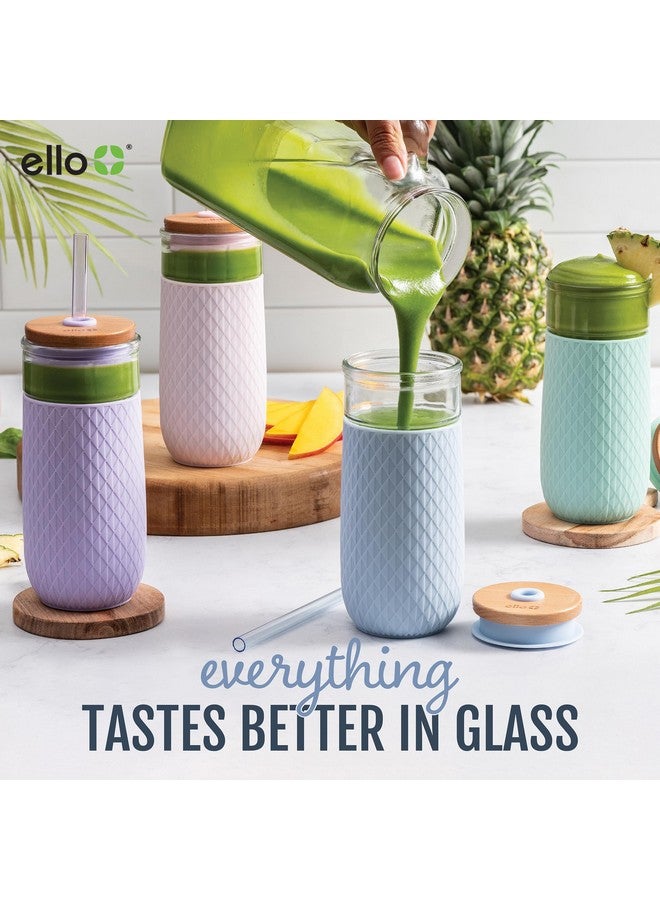 Ello كوب زجاجي إيلو ديفون سعة 18 أونصة مع قشة، غطاء خشبي من الخيزران بتصميم احتكاكي وغطاء سيليكون | مثالي للقهوة المثلجة، الشاي، والسموذي | أبيض - Image 4