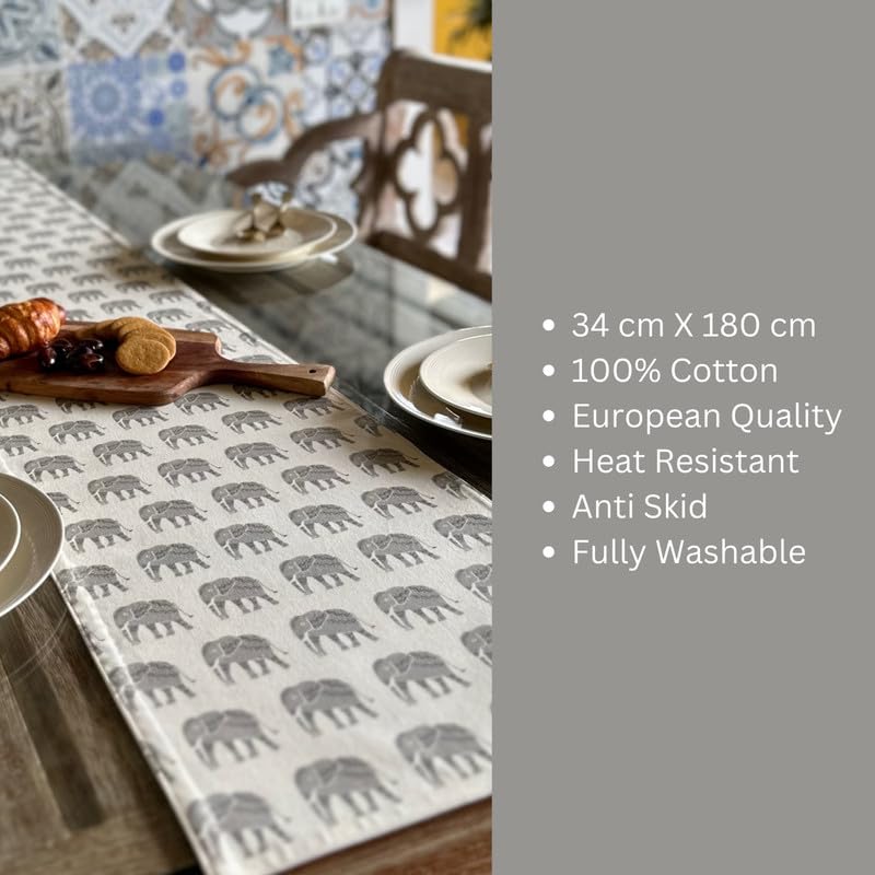 Oak & Lily Oak Lily Table Runner 100 Cotton Premium European Quality 33x180 cm Ideal for 4 Seater 6 Seater Dining and Center Tables Washable AntiSkid Grey Elephant Print - Image 4