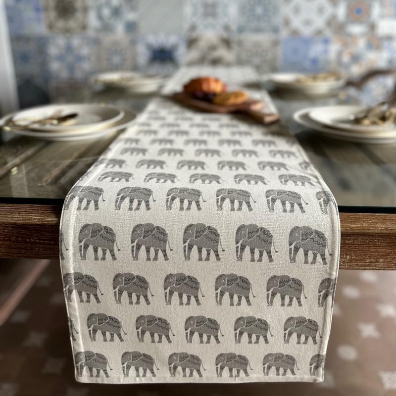 Oak & Lily Oak Lily Table Runner 100 Cotton Premium European Quality 33x180 cm Ideal for 4 Seater 6 Seater Dining and Center Tables Washable AntiSkid Grey Elephant Print - Image 1