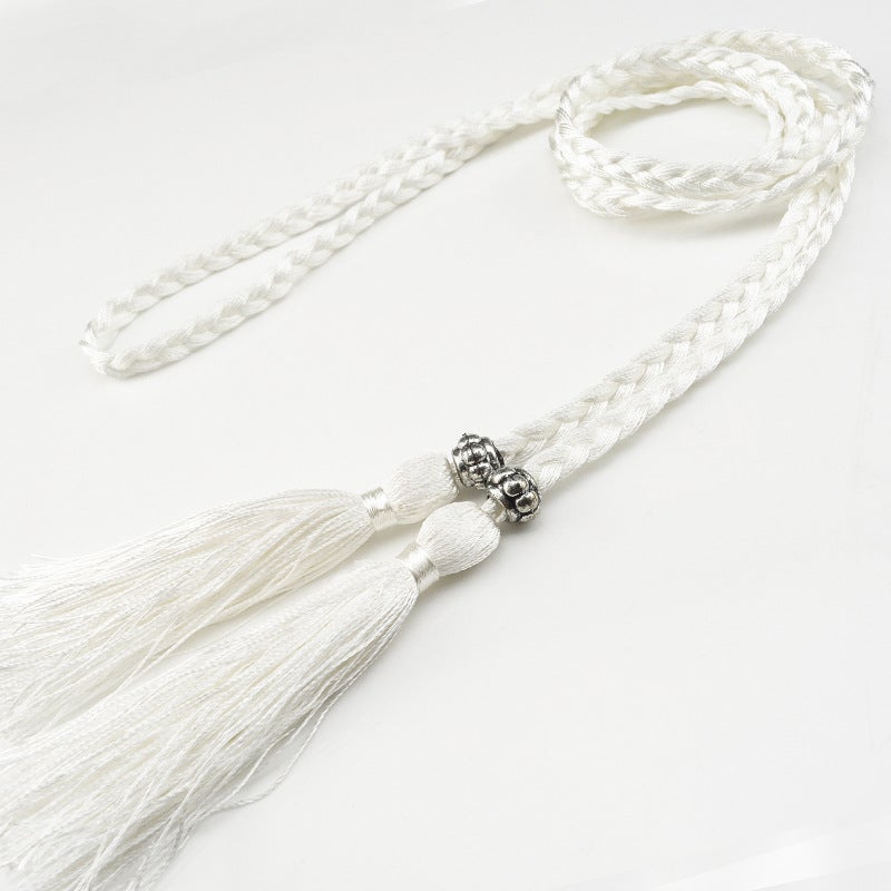 Braided Tassel Belt Ladies Skinny Butterfly Knot White 