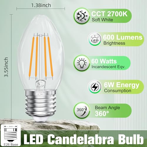 GvvooHome E26 Base LED Candelabra Light Bulbs 2700K Soft White, 6W, 60 watt Equivalent, E26 LED Bulb, B10 Chandelier Candle Light Bulbs, Non-Dimmable, 90+CRI, 600LM, Cear Glass, 12 Pack - Image 2