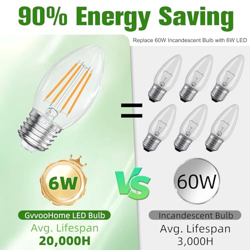 GvvooHome E26 Base LED Candelabra Light Bulbs 2700K Soft White, 6W, 60 watt Equivalent, E26 LED Bulb, B10 Chandelier Candle Light Bulbs, Non-Dimmable, 90+CRI, 600LM, Cear Glass, 12 Pack - Image 5