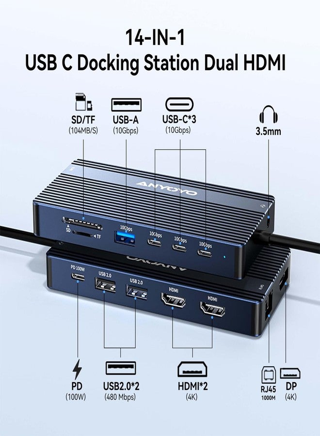 ANYOYO USB C Hub USB C Docking Station Dual Monitor 14-in-1 Triple Display Multiport Adapter with 2*HDMI +DP + 5*USB-A/C 10Gbps Ports+Ethernet +SD/TF Laptop Docking Station for MacBook/HP/Dell/Lenovo (Gray) - Image 2