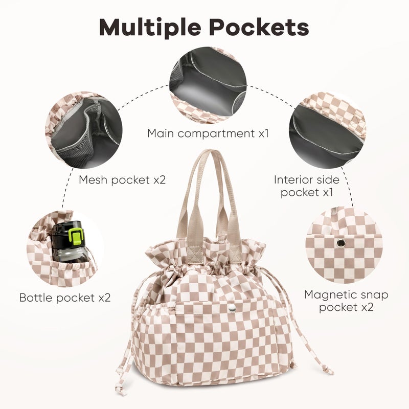 Yarnic Lunch Bag Women Insulated Lunch Bags,Cute Reusable Lunch Box Stain-Resistant Lunchbox with Water Bottle Holder for Adult Men Work Travel Picnic (Beige Coffee Checker) - Image 5