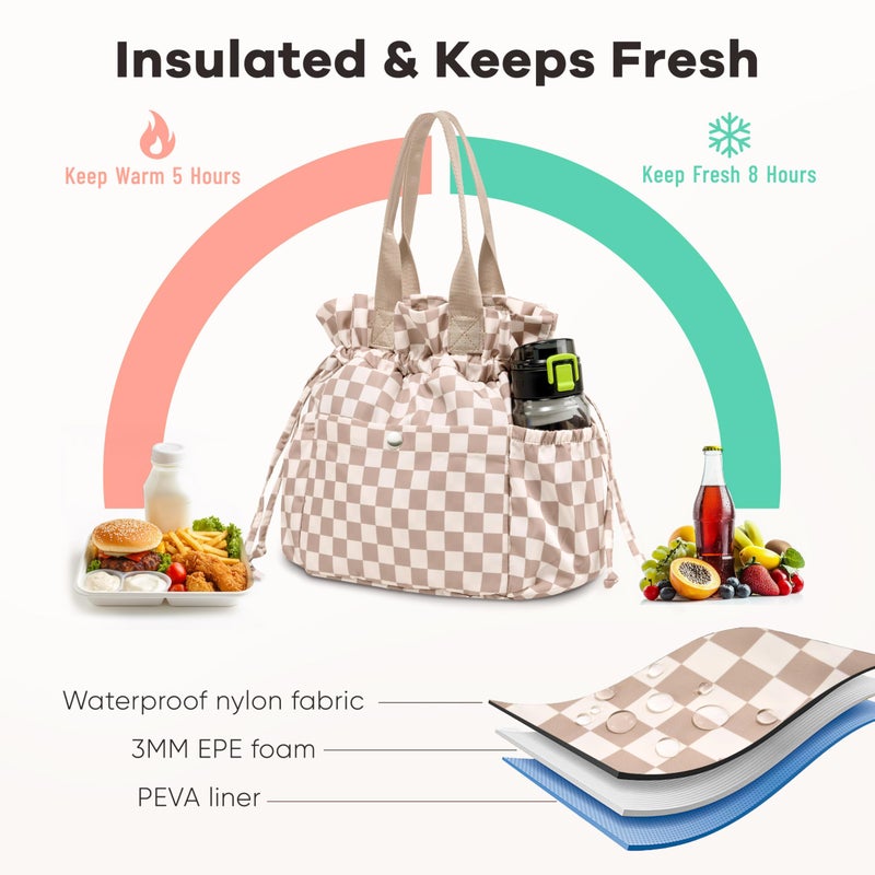 Yarnic Lunch Bag Women Insulated Lunch Bags,Cute Reusable Lunch Box Stain-Resistant Lunchbox with Water Bottle Holder for Adult Men Work Travel Picnic (Beige Coffee Checker) - Image 3