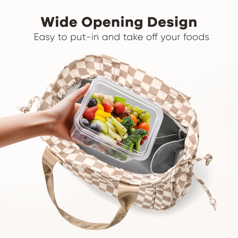 Yarnic Lunch Bag Women Insulated Lunch Bags,Cute Reusable Lunch Box Stain-Resistant Lunchbox with Water Bottle Holder for Adult Men Work Travel Picnic (Beige Coffee Checker) - Image 4