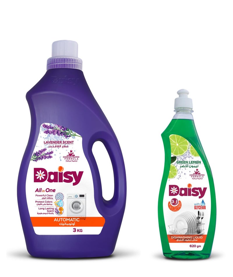 Daisy Bundle - Low Foam Automatic Gel 3KG Lavender + Dish Washing Liquid 620gm