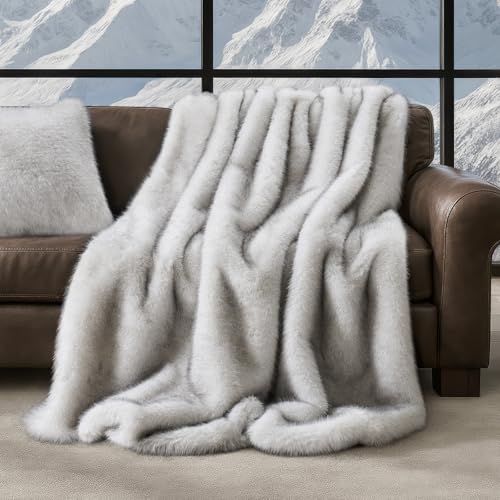 EVERGRACEHOME Luxury Faux Fur Throw Blanket, Soft Fluffy Faux Mink Blankets for Bed, Couch, Sofa, Thick Cozy Plush Warm Fur Throws with Reversible Velvet, Frosted White Wolf, 60"x80" - Image 1