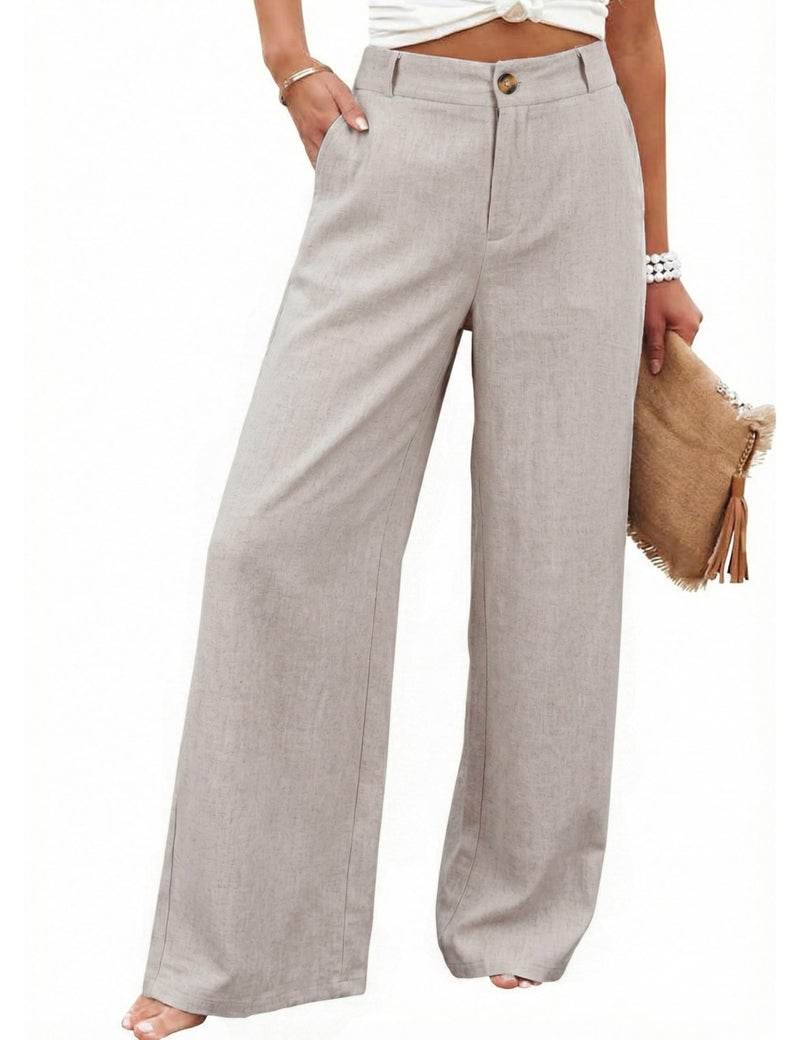 Hooever Womens Cotton Linen Pants Casual Button Up High Waisted Wide Leg Trousers(Khaki-Small) - Image 1