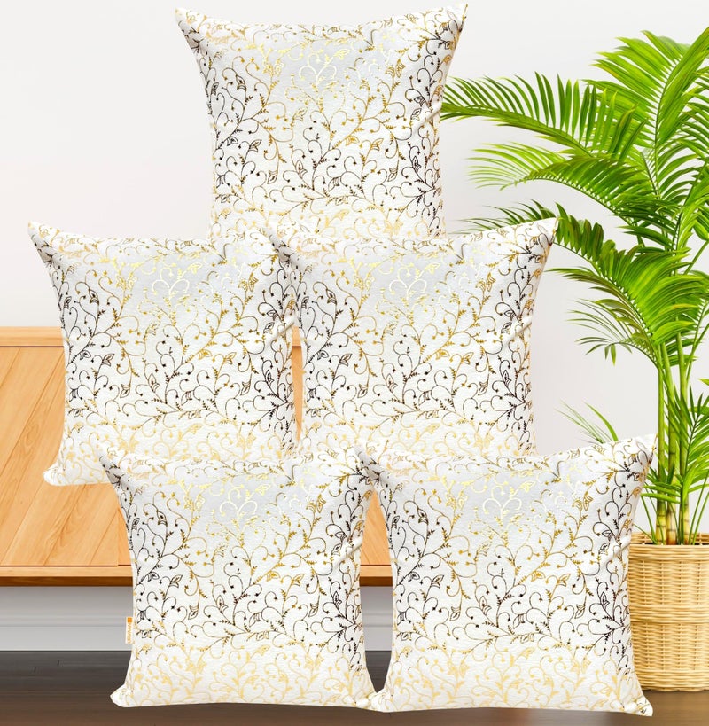 Urvaan Velvet Boho Cushion Covers, Set of 5, 16X16 Inch, White Golden - Image 5
