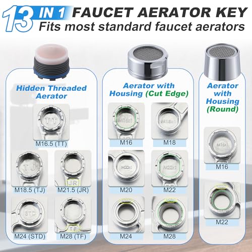 Enhon 13 in 1 Faucet Aerator Removal Tool, Metal Aerator Key Wrench for Hidden Threaded TF, TJ, TT, JR, STD and Cut Side/Round with Housing M16 M18 M20 M22 M24 M28 (Polished Chrome) - Image 3