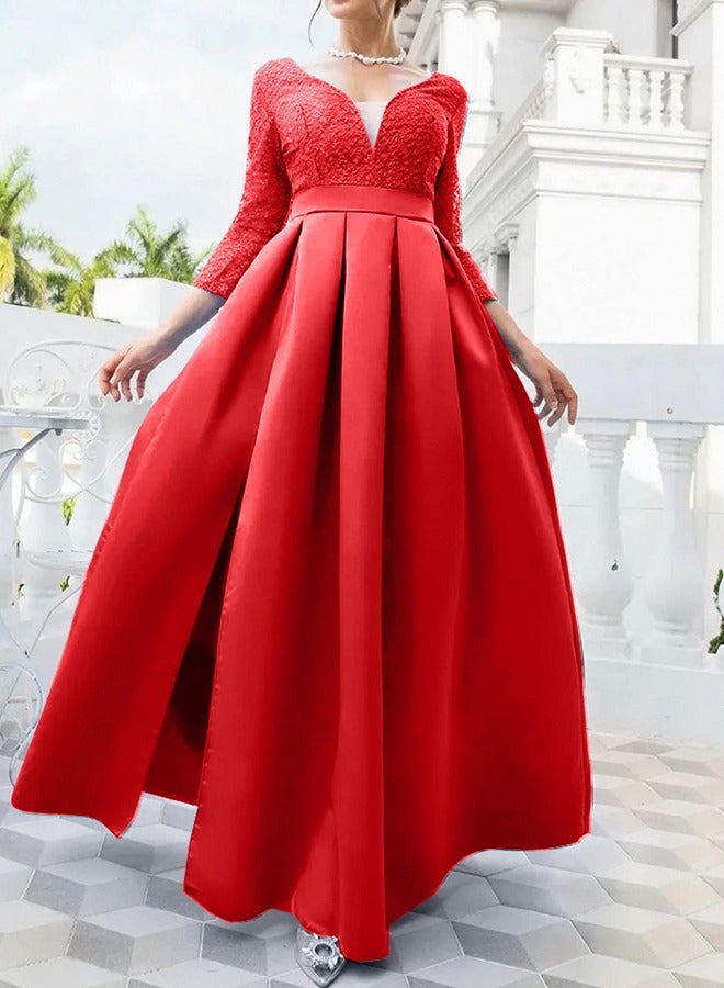 MARGOUN XXL Size, Elegant Prom Evening Party Dress Women Wedding Robe Maxi Dress Solid Sequins V Neck Big Swing Night Dress Red/A1573  - Image 1