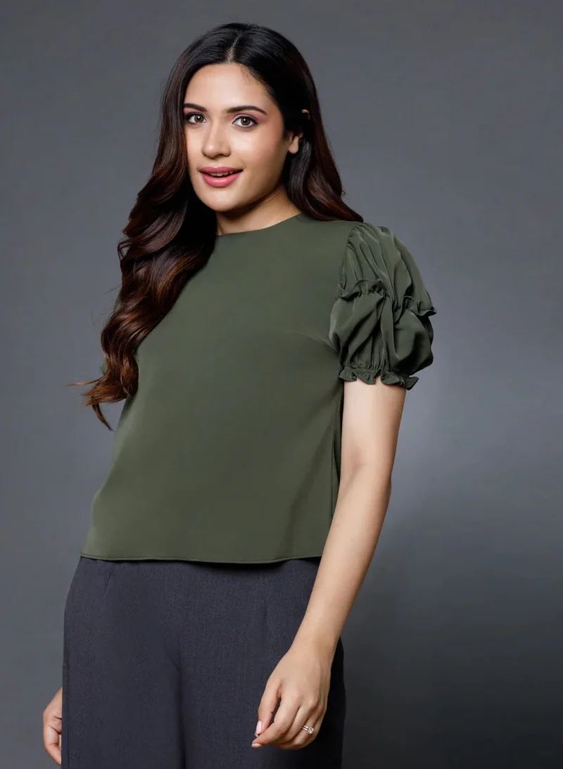 Zigzag Sleeve Detailed Green Round Neck Top