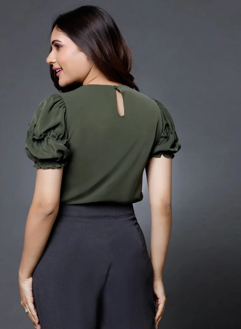 Zigzag Sleeve Detailed Green Round Neck Top