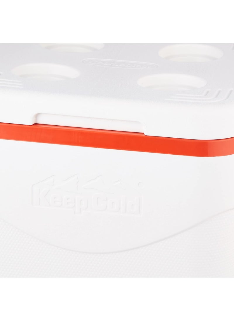 Cosmoplast Plastic Cooler Box with Wheels, 45 Liter Capacity, Foldable Trolley Handle, for Drinks and Food Storage in Trips and Beach - White and Orange - Image 5