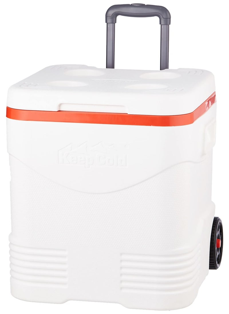Cosmoplast Plastic Cooler Box with Wheels, 45 Liter Capacity, Foldable Trolley Handle, for Drinks and Food Storage in Trips and Beach - White and Orange - Image 1