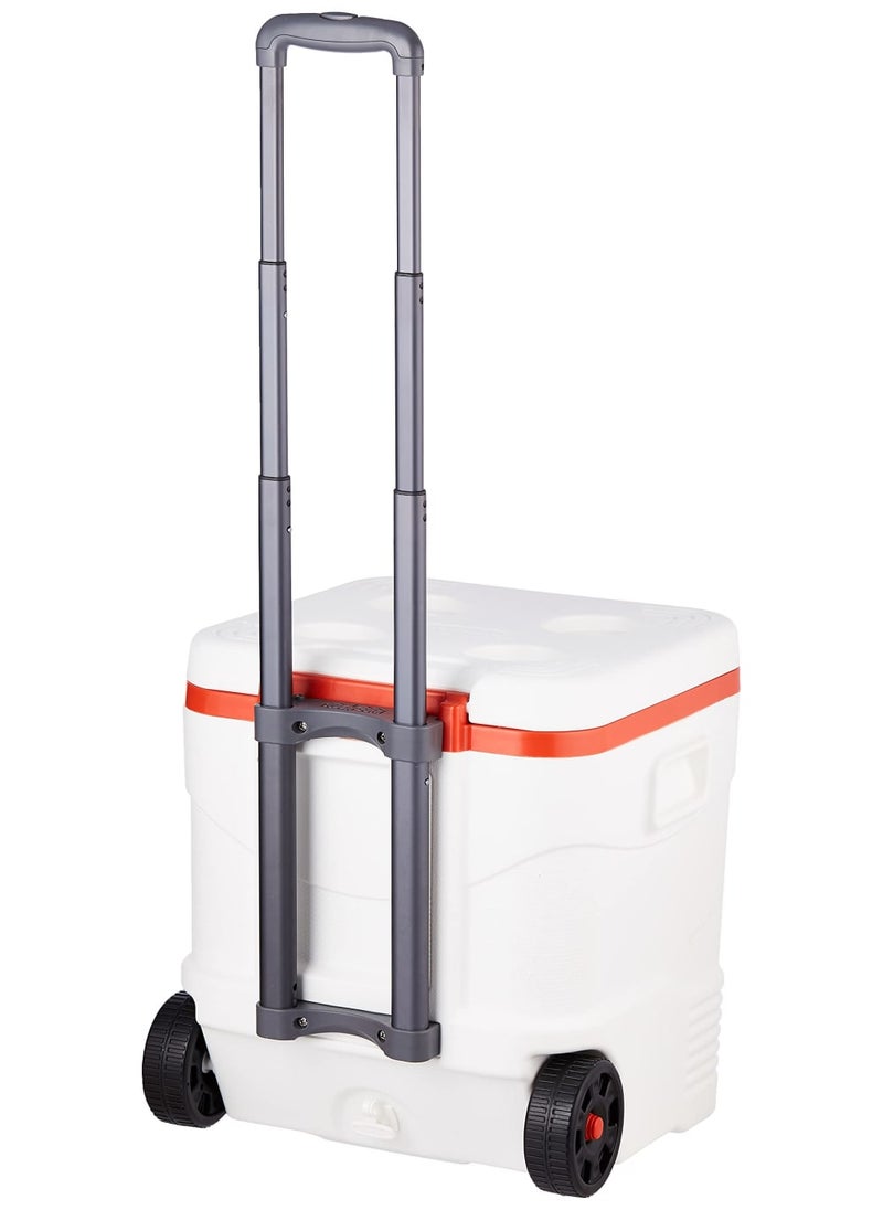 Cosmoplast Plastic Cooler Box with Wheels, 45 Liter Capacity, Foldable Trolley Handle, for Drinks and Food Storage in Trips and Beach - White and Orange - Image 3