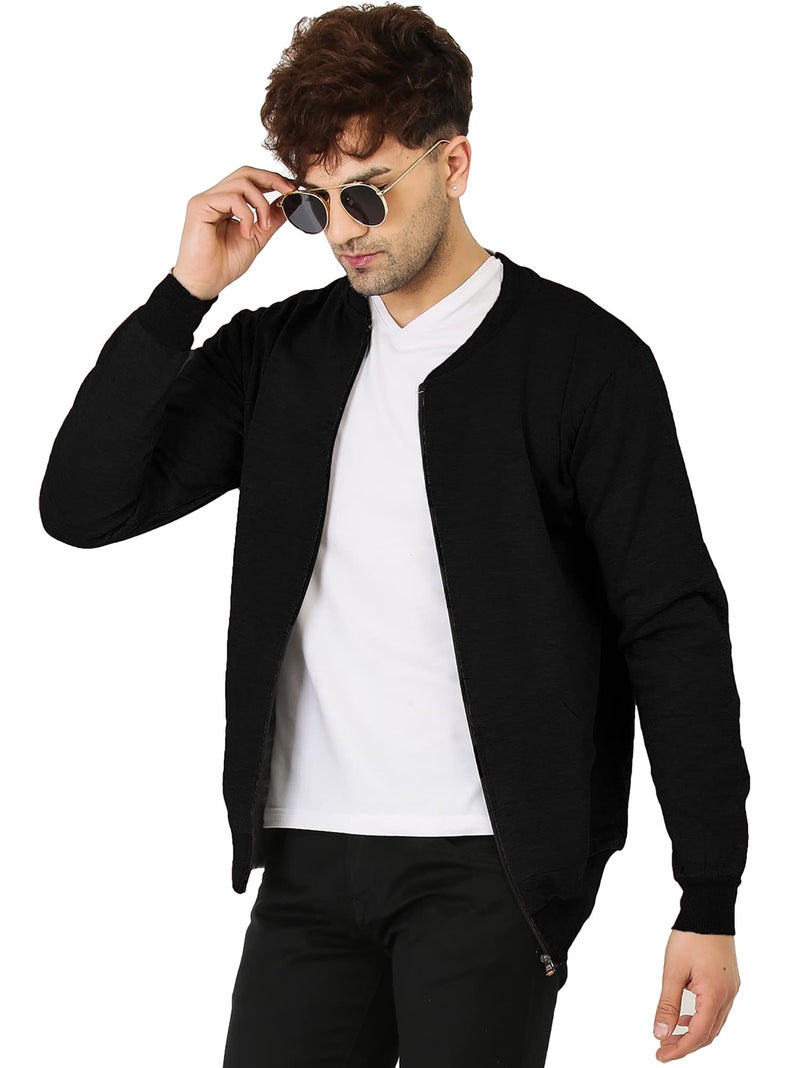 LEOTUDE Loop Knitted Men's Regular Fit Loopknit Solid Regular Length Bomber Jacket (Jkt02_Gry02Bl_P_Black_Xl) - Image 1