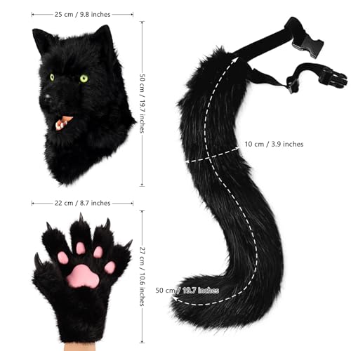 hbbhml Animal Dog Head Mask Novelty Plush Tail Claw Paw Mittens Gloves Set Halloween Party Masquerade Costume Cosplay Black - Image 3