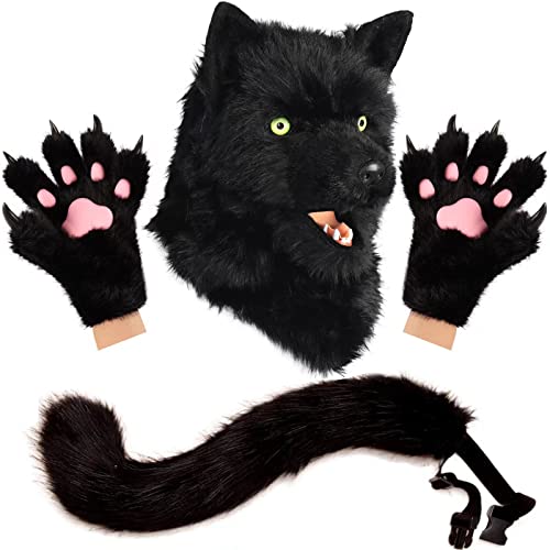 hbbhml Animal Dog Head Mask Novelty Plush Tail Claw Paw Mittens Gloves Set Halloween Party Masquerade Costume Cosplay Black - Image 1