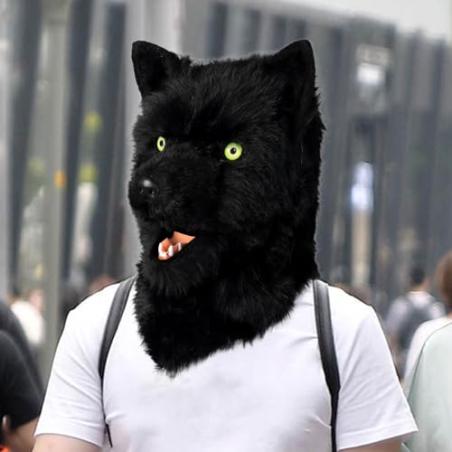 hbbhml Animal Dog Head Mask Novelty Plush Tail Claw Paw Mittens Gloves Set Halloween Party Masquerade Costume Cosplay Black - Image 2
