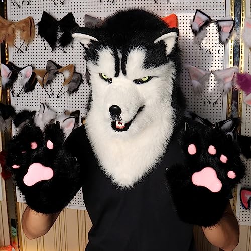 hbbhml Animal Dog Head Mask Novelty Plush Tail Claw Paw Mittens Gloves Set Halloween Party Masquerade Costume Cosplay Black - Image 5