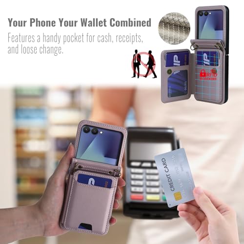 ASAPDOS for Samsung Galaxy Z Flip 7 PU Leather Wallet Phone Case with Card Slots (Holds 5 Cards), Anti-Drop Protection, Wrist & Shoulder Strap Gold - Image 5