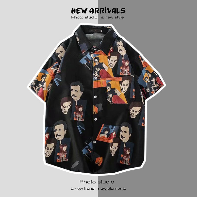 Japanese Style Instagram Style Summer Short-sleeved Floral Shirt for Men and Women Retro Loose Shirt for Hawaiian Beach Couple 1140 black