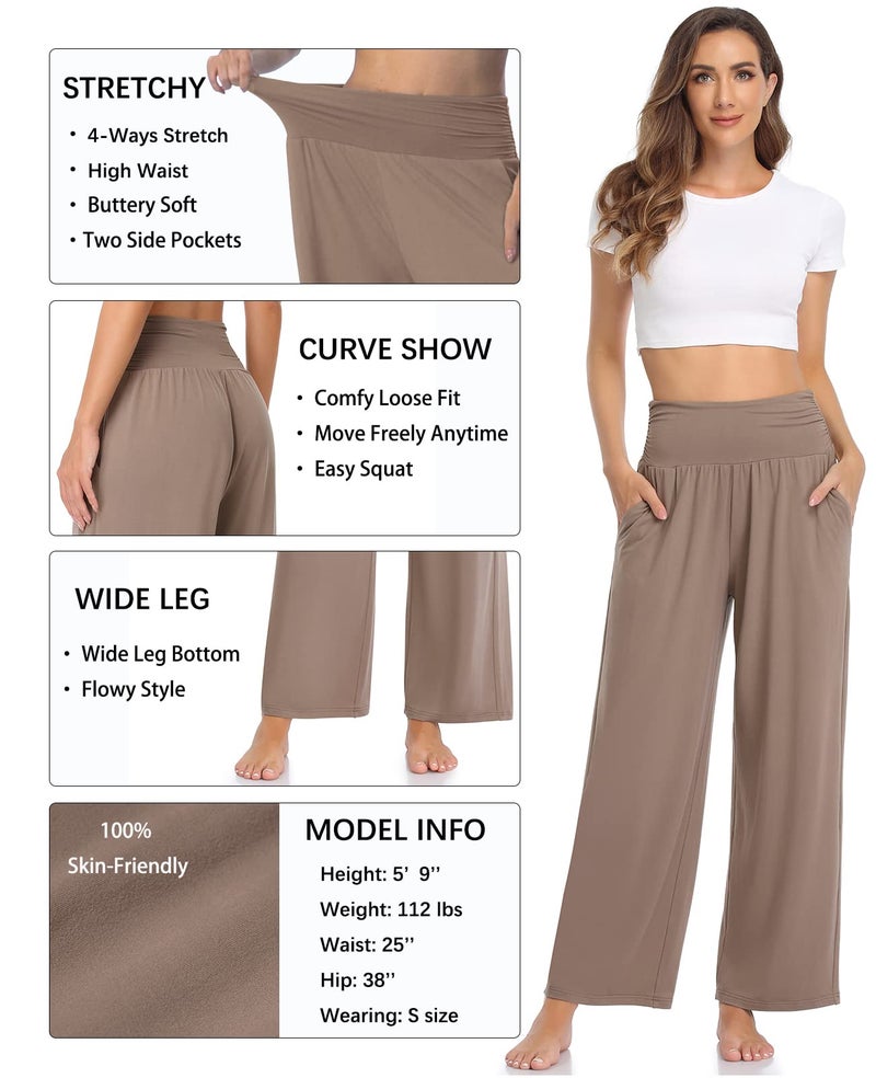 TARSE Womens Wide Leg Pants Petite Casual Loose Yoga Sweatpants Comfy Lounge Pajama Flowy Pants Pockets(Mocha Brown,S) - Image 4
