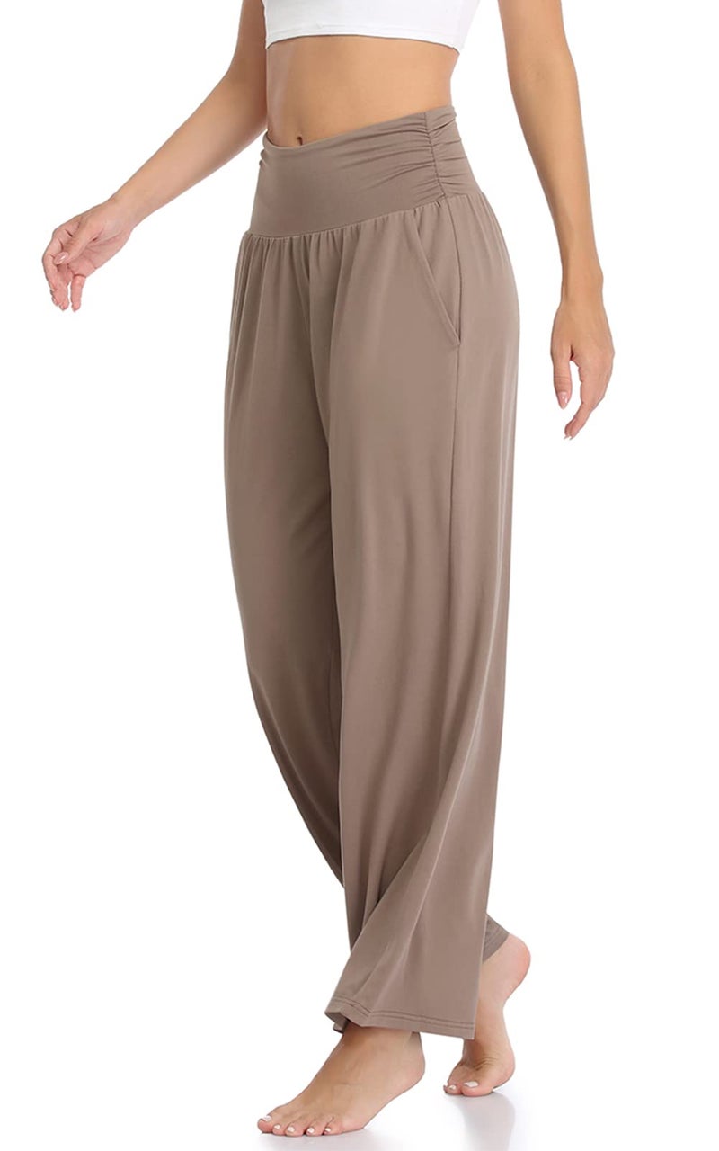 TARSE Womens Wide Leg Pants Petite Casual Loose Yoga Sweatpants Comfy Lounge Pajama Flowy Pants Pockets(Mocha Brown,S) - Image 3