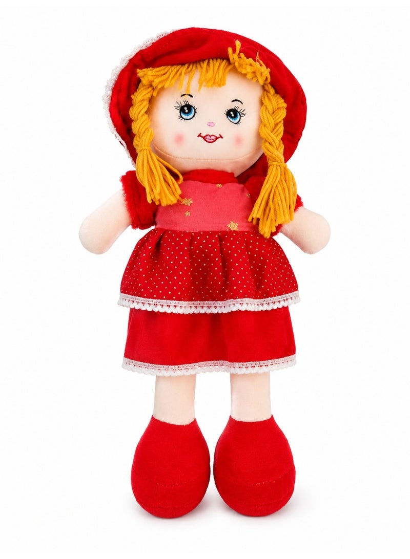 Soft Plush Doll with Red Polka Dot Dress, Matching Hat, and Yellow Braided Hair - Image 4