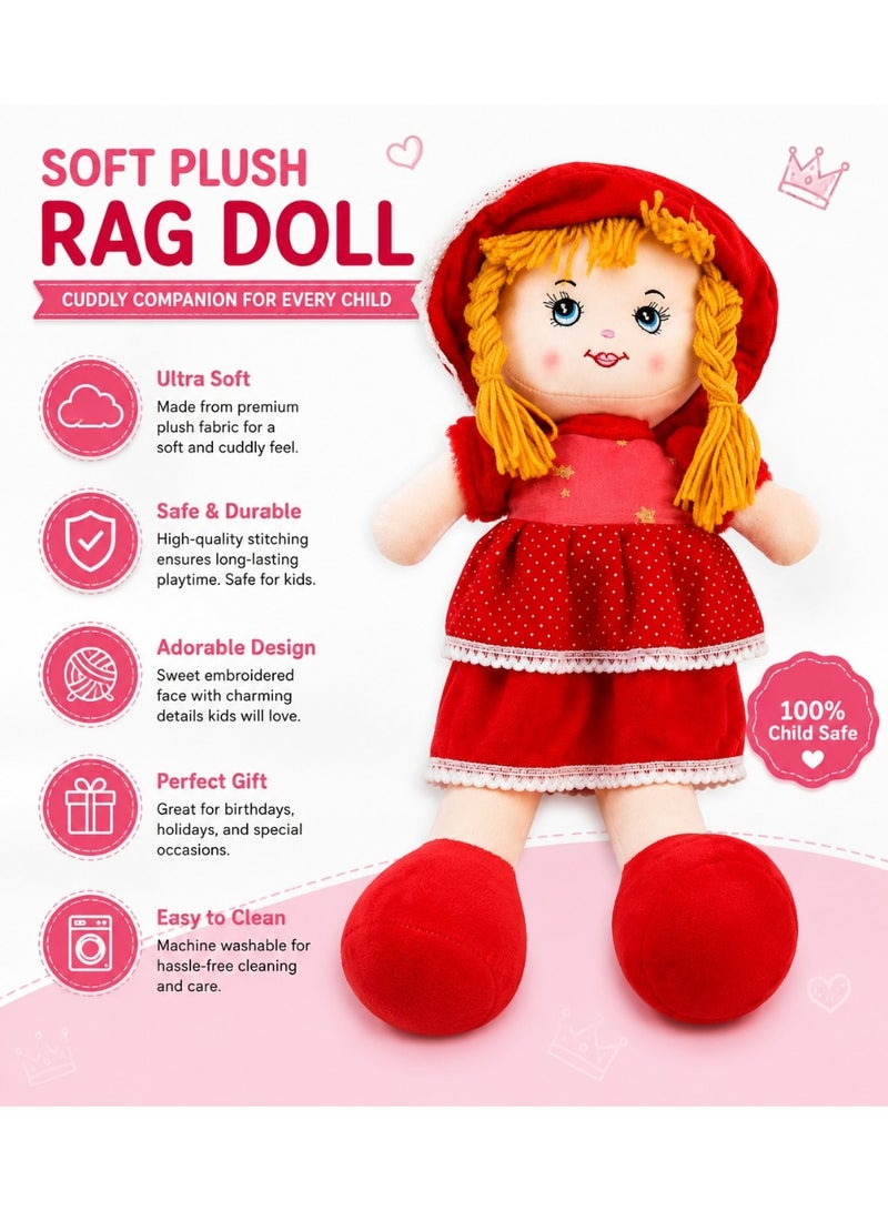 Soft Plush Doll with Red Polka Dot Dress, Matching Hat, and Yellow Braided Hair - Image 3