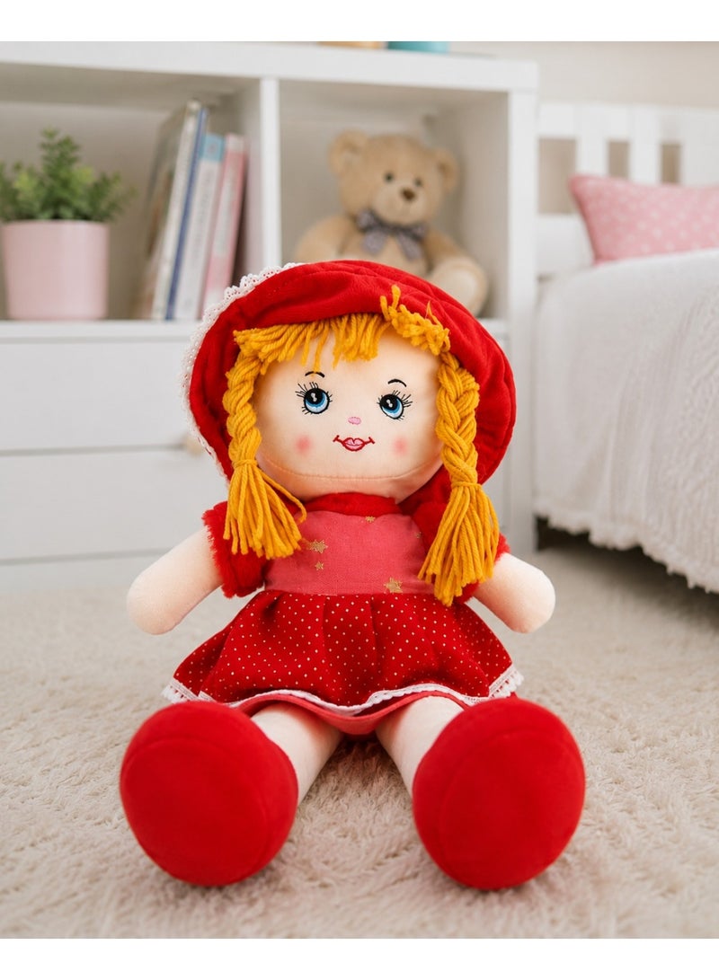 Soft Plush Doll with Red Polka Dot Dress, Matching Hat, and Yellow Braided Hair - Image 2