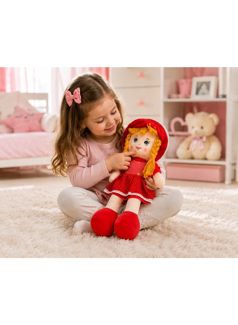Soft Plush Doll with Red Polka Dot Dress, Matching Hat, and Yellow Braided Hair - Image 1