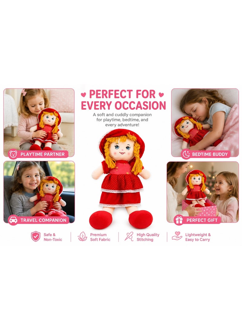 Soft Plush Doll with Red Polka Dot Dress, Matching Hat, and Yellow Braided Hair - Image 5