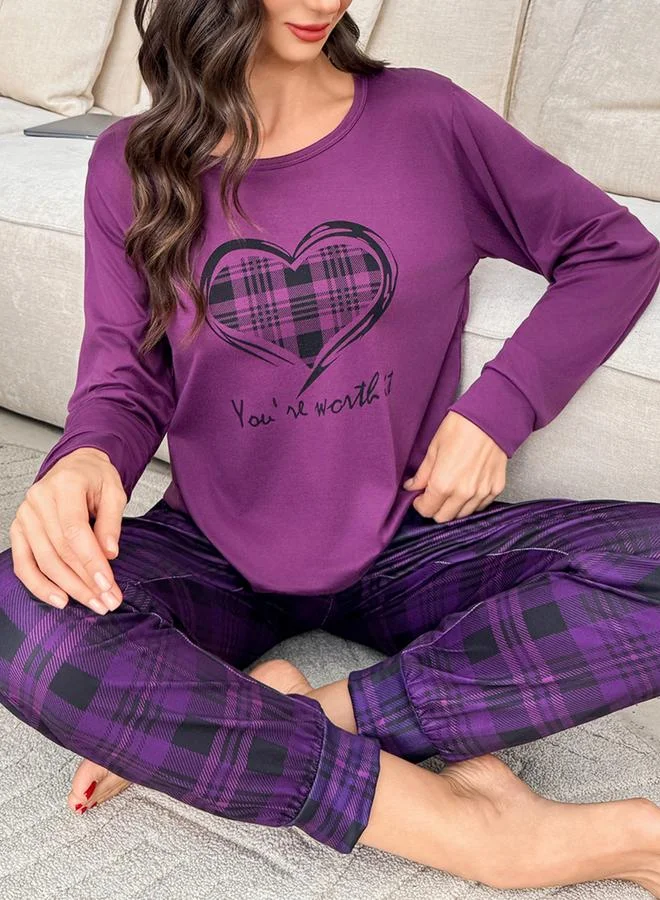 Take Two Purple Heart Print T-Shirt and Checked Pyjama Set