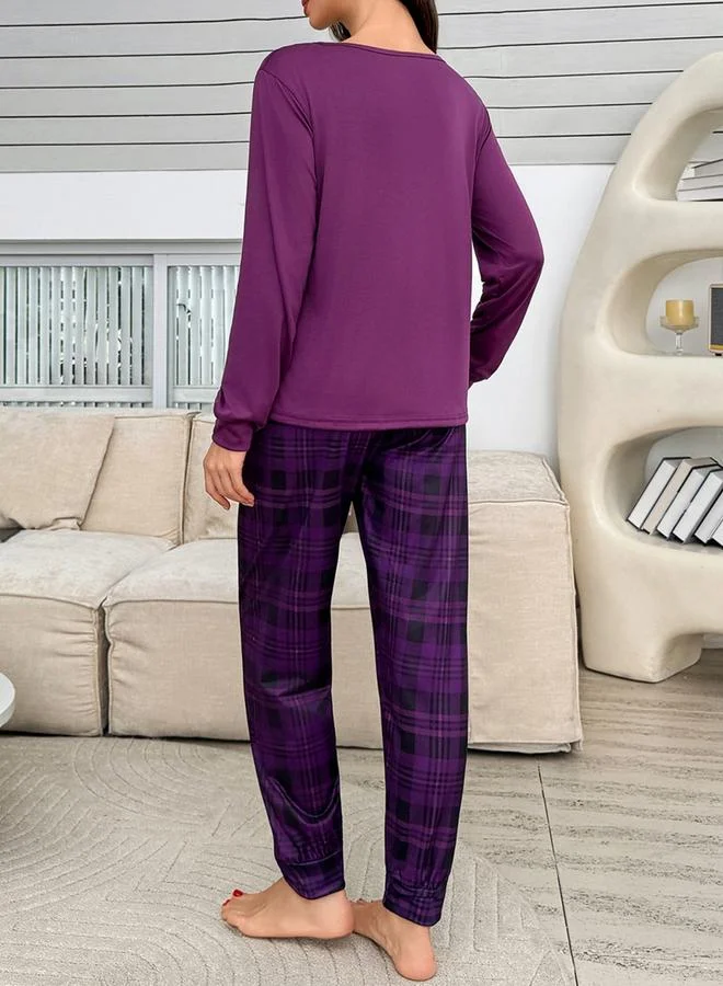 Take Two Purple Heart Print T-Shirt and Checked Pyjama Set