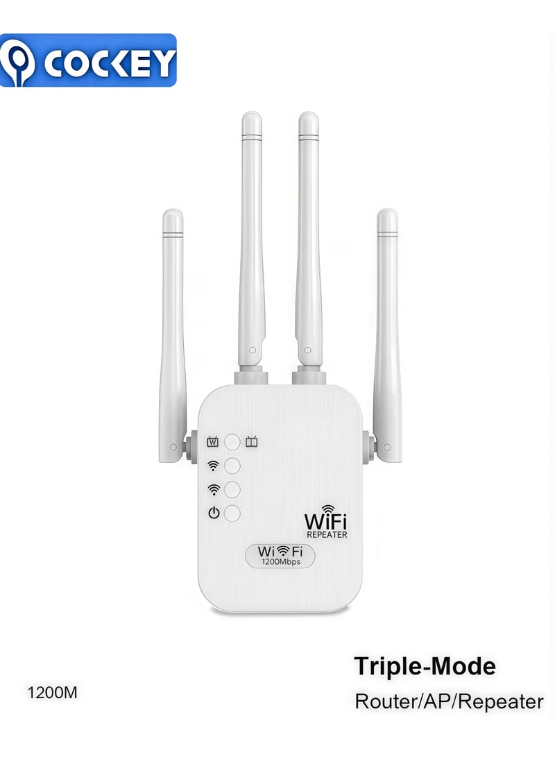COCKEY 1200Mbps 2.4G & 5G Dual-Band WiFi Extender Repeater AP Router Triple Mode 1722 sq ft Coverage 4 High-Gain Antennas One-Touch Pairing - Image 1