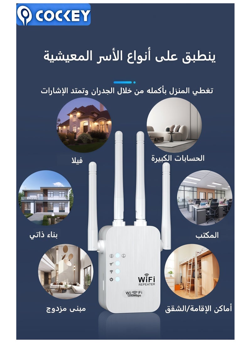COCKEY 1200Mbps 2.4G & 5G Dual-Band WiFi Extender Repeater AP Router Triple Mode 1722 sq ft Coverage 4 High-Gain Antennas One-Touch Pairing - Image 2