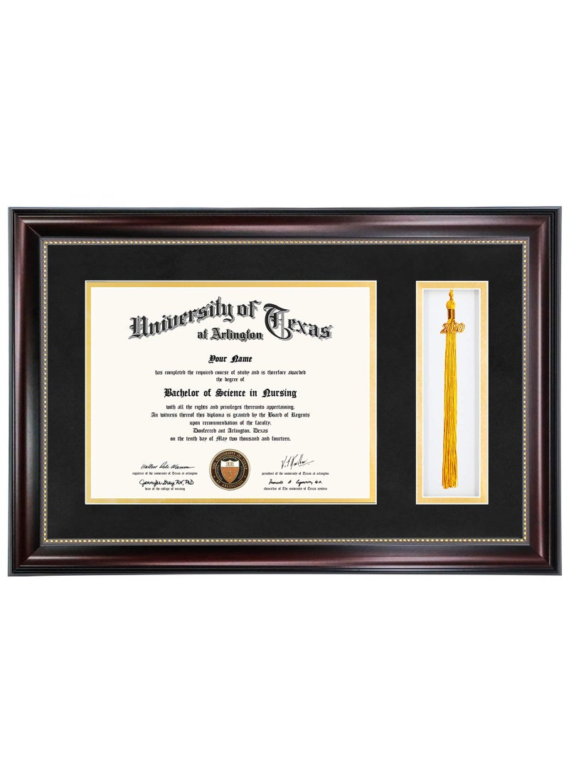 GraduationMall GraduationMall 11x17 Mahogany Diploma Frame with Tassel Holder for 85x11 Certificate DocumentReal Glass Black over Gold Mat 