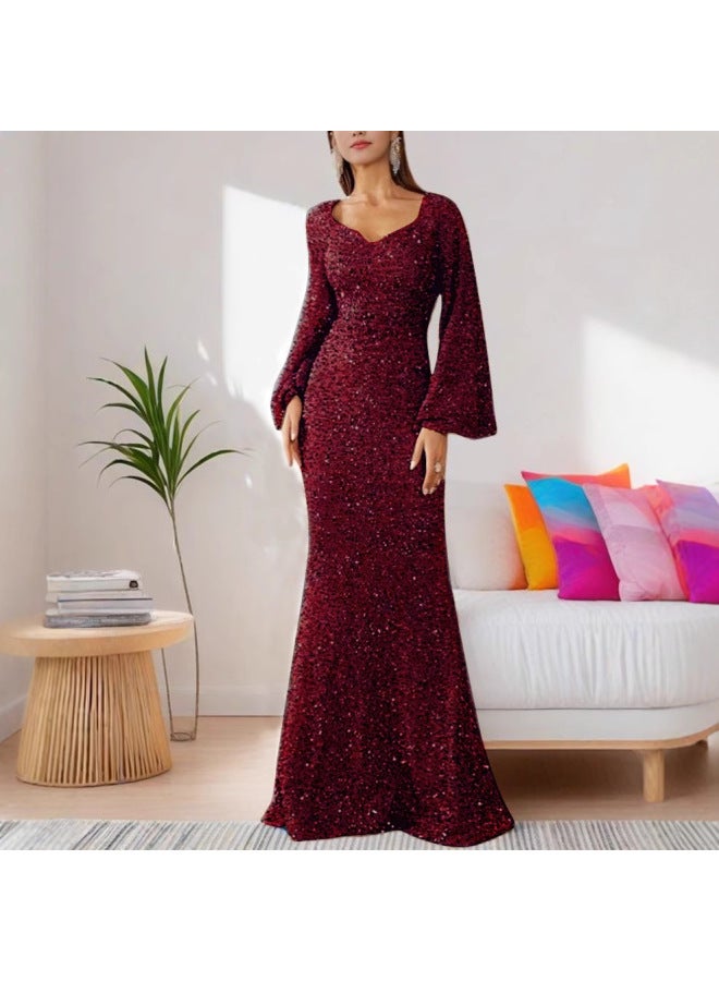 الفساتين المسائية الطويلة بأكمام الجرس متوسطة الخصر ورقبة V الضيقة المزخرفة باللمعان باللون البورجوندي