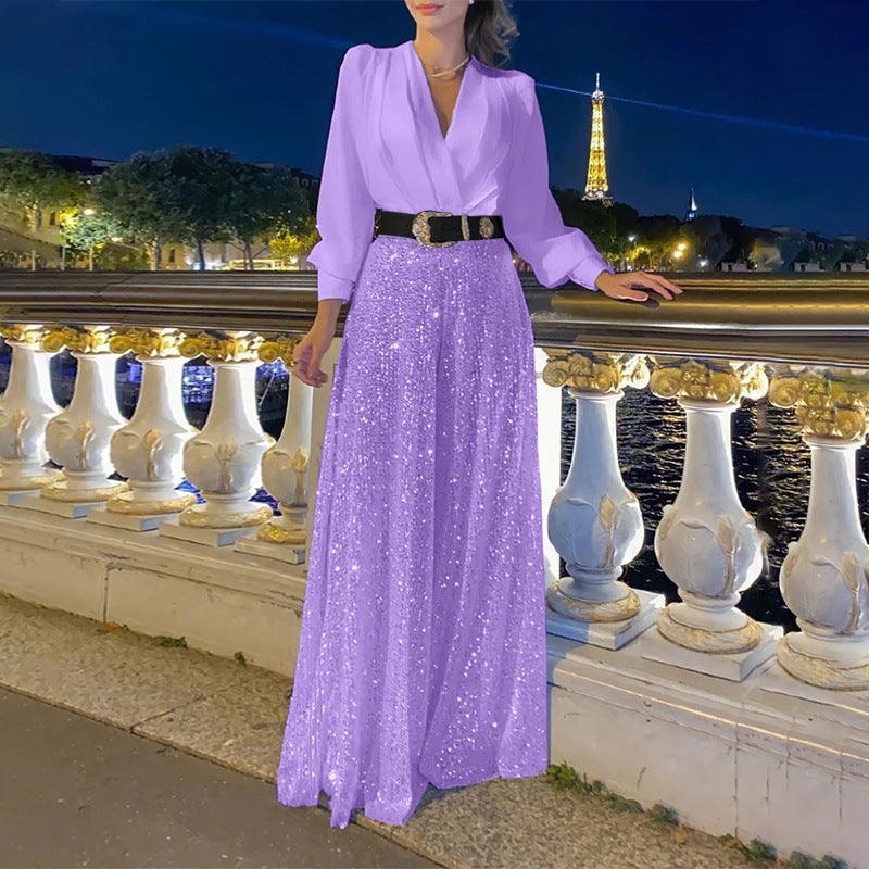 2026 Women's Spring & Fall High-End V-Neck Long-Sleeve Dress with Elegant Waist Sequin and French Wide-Leg Pants