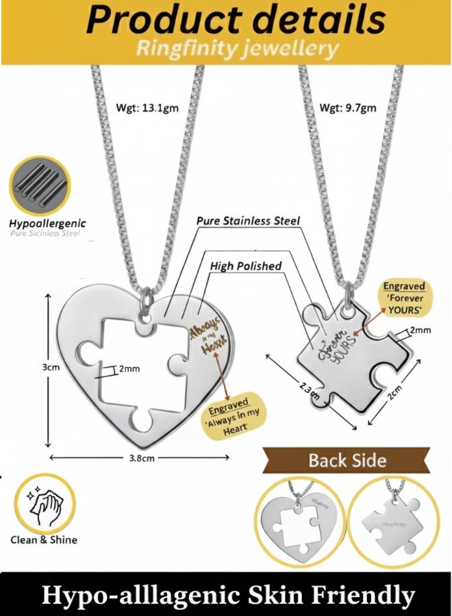 Ringfinity Matching Couple Necklace Set - Interlocking Heart Puzzle Pendants - Hypoallergenic 304L Stainless Steel Jewelry - Valentine’s Day Gift for Couples in Red Gift Box - Image 3
