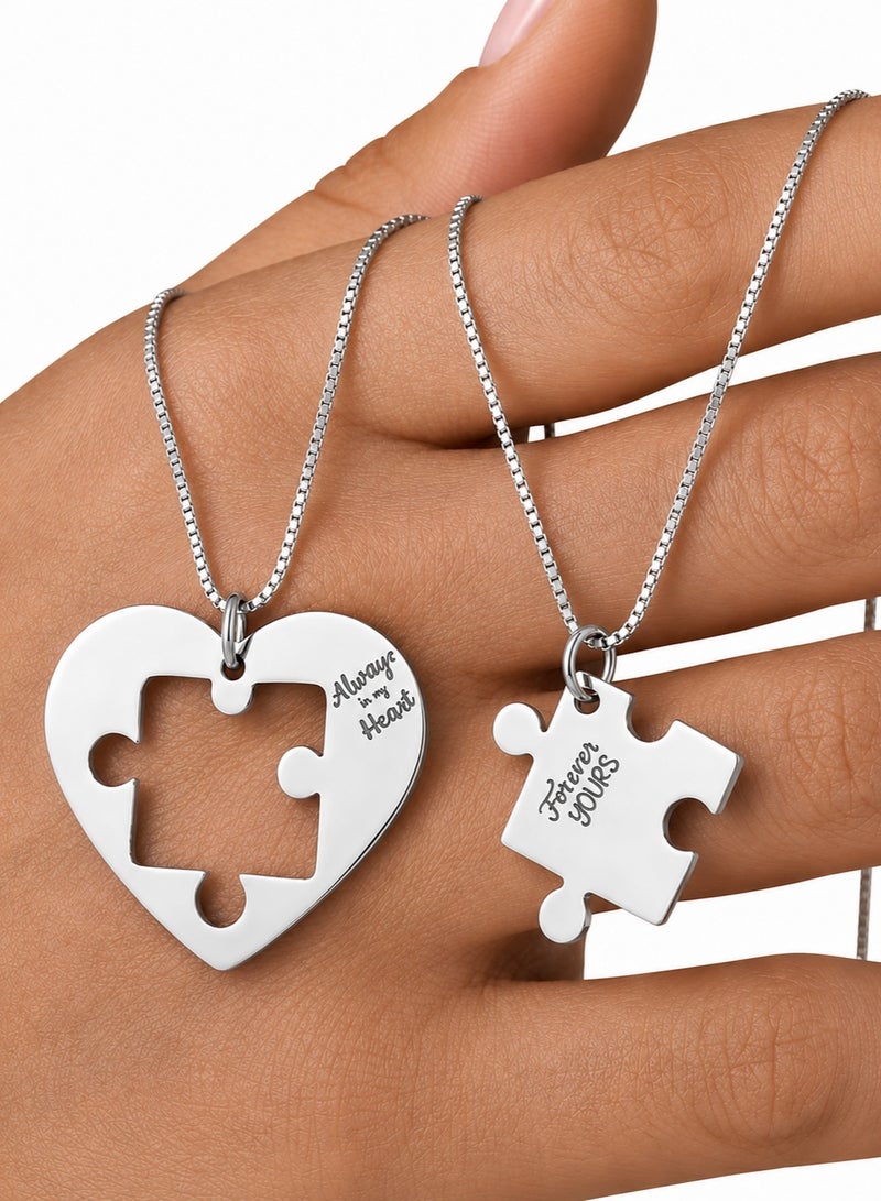 Ringfinity Matching Couple Necklace Set - Interlocking Heart Puzzle Pendants - Hypoallergenic 304L Stainless Steel Jewelry - Valentine’s Day Gift for Couples in Red Gift Box - Image 1