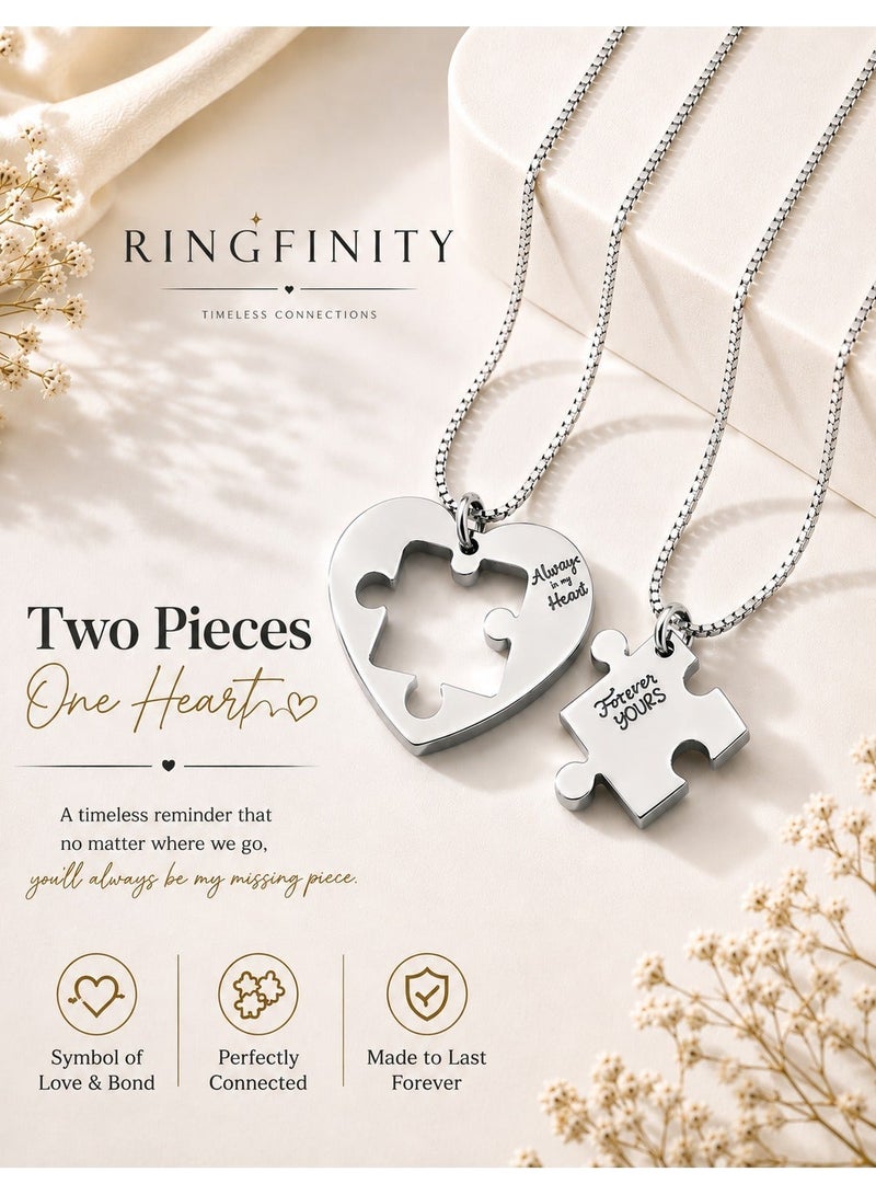 Ringfinity Matching Couple Necklace Set - Interlocking Heart Puzzle Pendants - Hypoallergenic 304L Stainless Steel Jewelry - Valentine’s Day Gift for Couples in Red Gift Box - Image 2