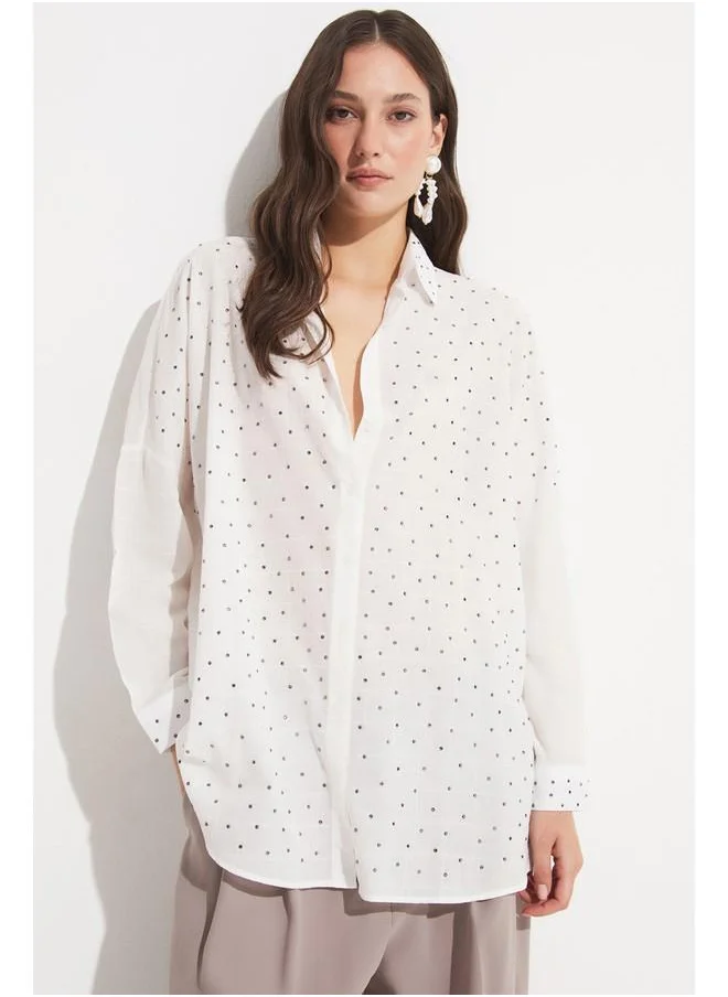 جون June Women Exclusive Oversize 100% Cotton Patterned Shirt Ecru