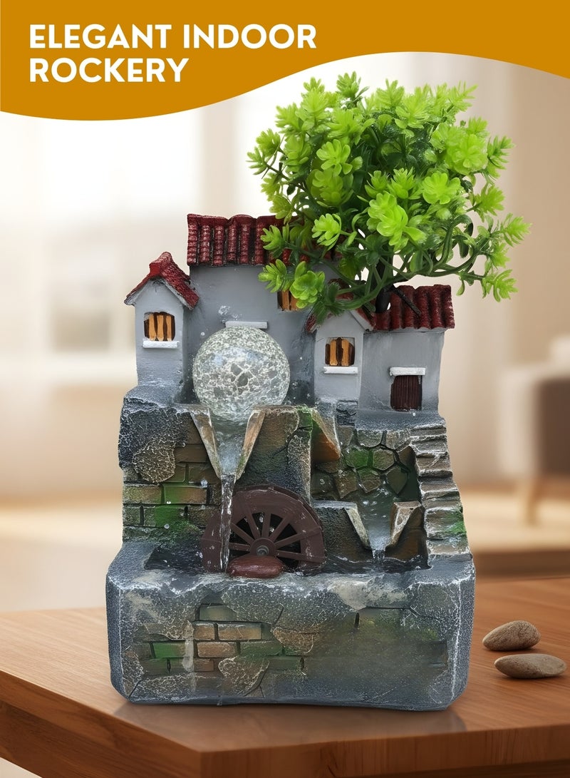 Zefzon Indoor Water Fountain Tabletop Waterfall with LED Light – Mini Feng Shui Water Fountain for Home & Office Decor – Relaxing Desktop Fountain with Water Wheel & Artificial Plant - Image 1