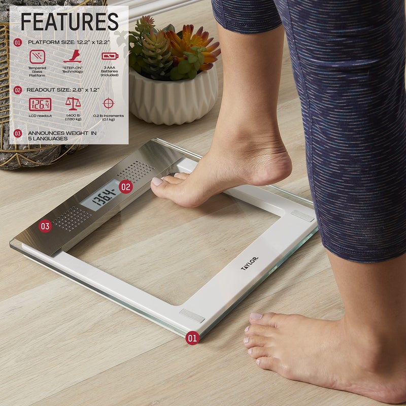 Taylor Precision Products Digital Bathroom Talking Scale, 5 Languages, Scales Body Weight, White Scale Clear Glass Stainless Steel Accents, 440 LB Capacity, Clear Stainless Steel Accents (5294756) - Image 2