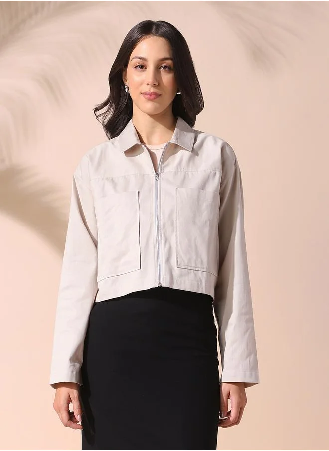 Dennis Lingo Women cream relaxed fit solid full sleeves button down cotton blend shirts with zipper closure featuring a spread collar- tailored to elevate your everyday.